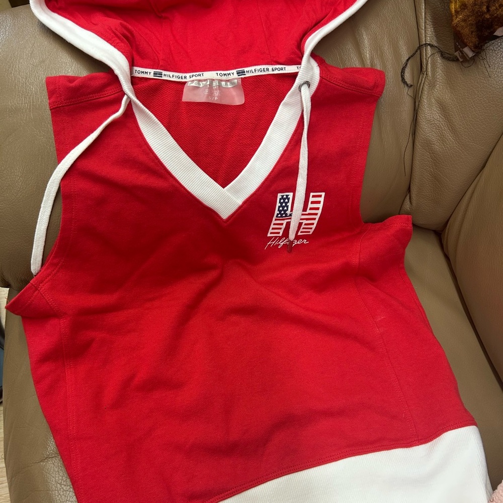 Tommy Hilfiger Red and White V-Neck Hoodie